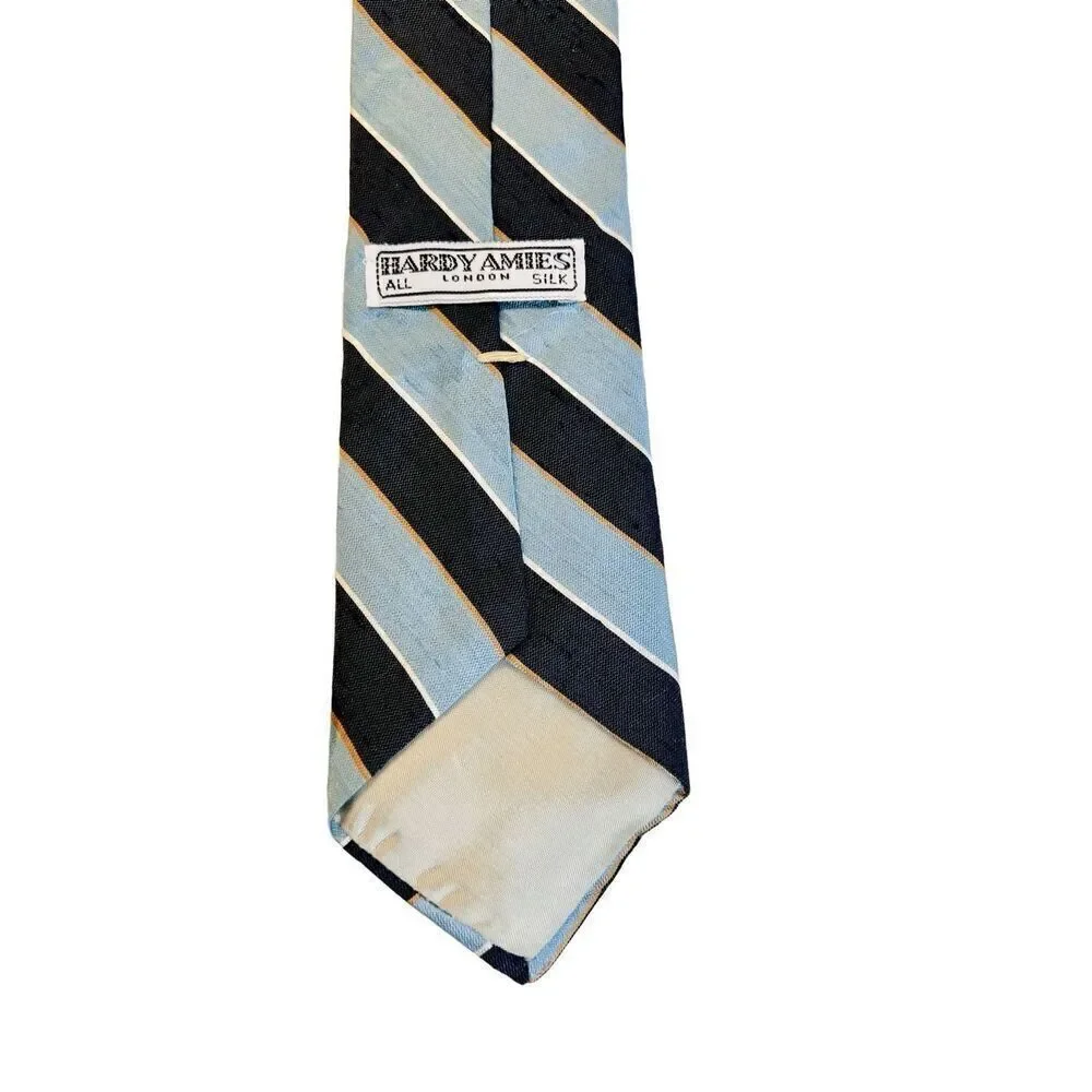 Vintage 80s Hardy Aimes London All Silk‎ Blue Stripe Tie Retro Classic